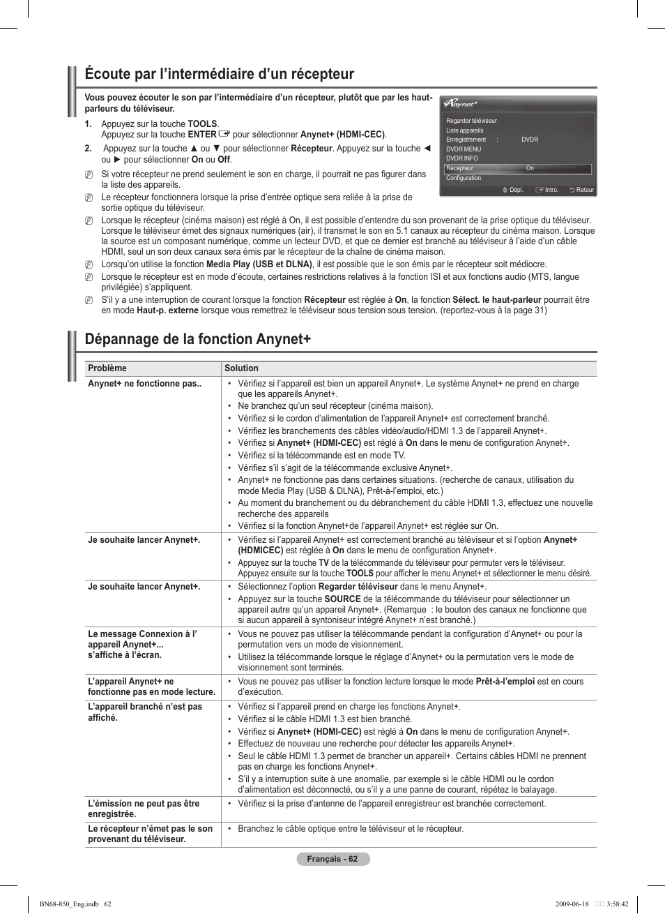 Écoute par l’intermédiaire d’un récepteur, Dépannage de la fonction anynet | Samsung PN50B860Y2FXZA User Manual | Page 254 / 284