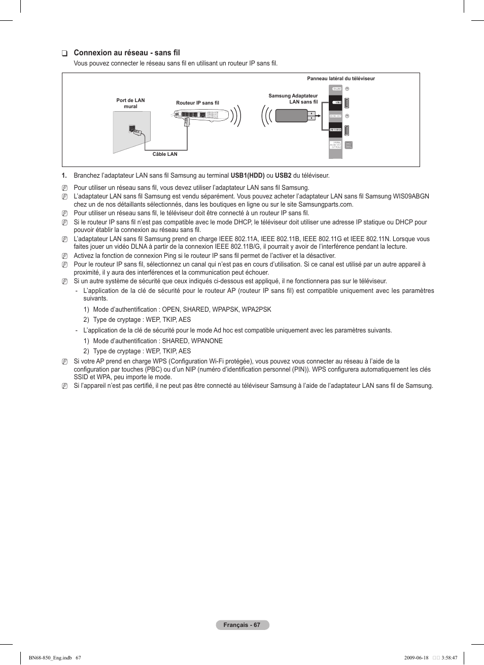 Connexion au réseau - sans fil | Samsung PN50B860Y2FXZA User Manual | Page 259 / 284