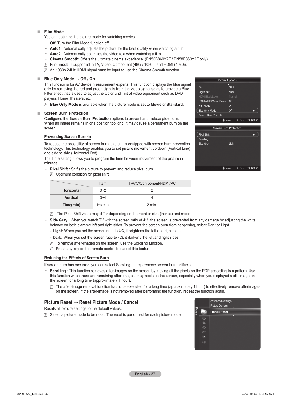 Picturereset→resetpicturemode/cancel | Samsung PN50B860Y2FXZA User Manual | Page 27 / 284