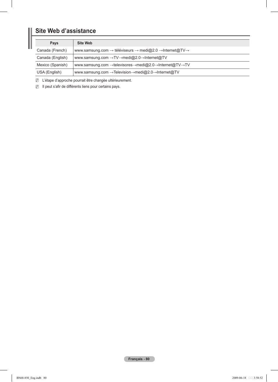 Site web d’assistance | Samsung PN50B860Y2FXZA User Manual | Page 272 / 284