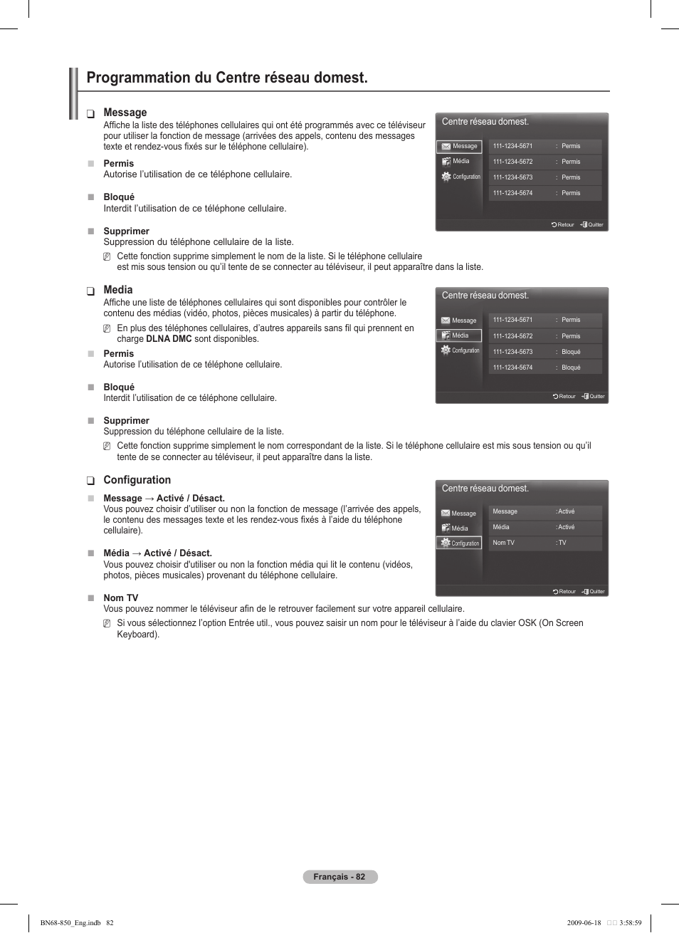 Programmation du centre réseau domest, Message, Media | Configuration | Samsung PN50B860Y2FXZA User Manual | Page 274 / 284