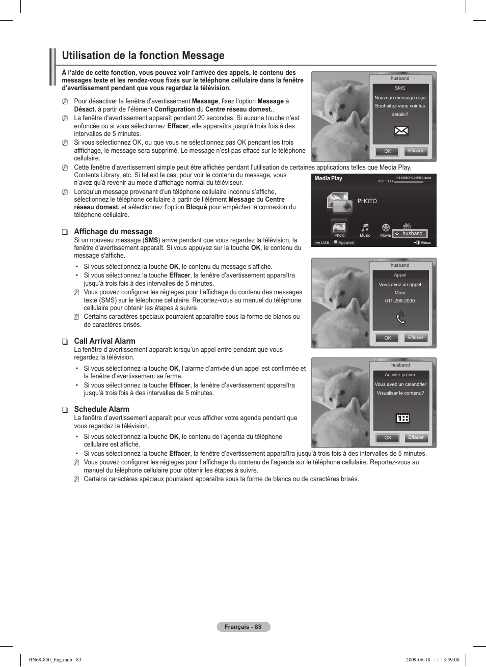 Utilisation de la fonction message, Affichage du message, Call arrival alarm | Schedule alarm | Samsung PN50B860Y2FXZA User Manual | Page 275 / 284