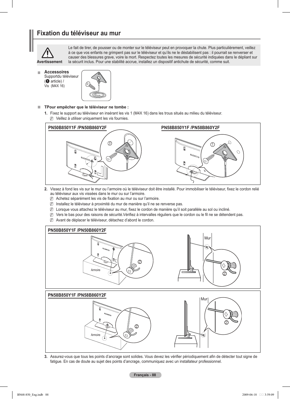 경고 주의 경고 주의, Fixation du téléviseur au mur | Samsung PN50B860Y2FXZA User Manual | Page 280 / 284