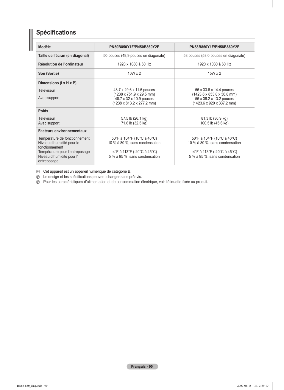 Spécifications | Samsung PN50B860Y2FXZA User Manual | Page 282 / 284