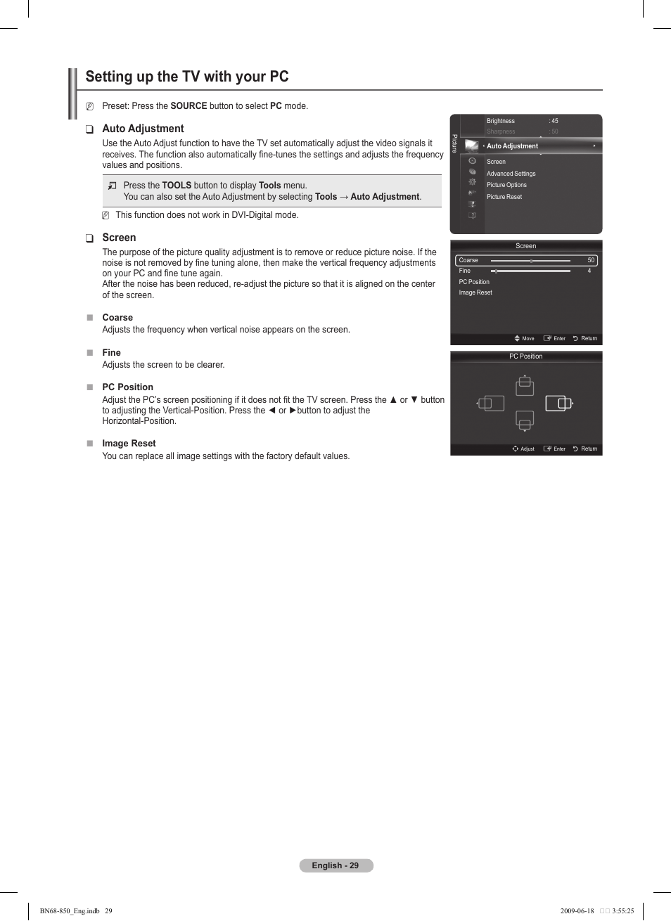 Setting up the tv with your pc, Auto adjustment, Screen | Samsung PN50B860Y2FXZA User Manual | Page 29 / 284