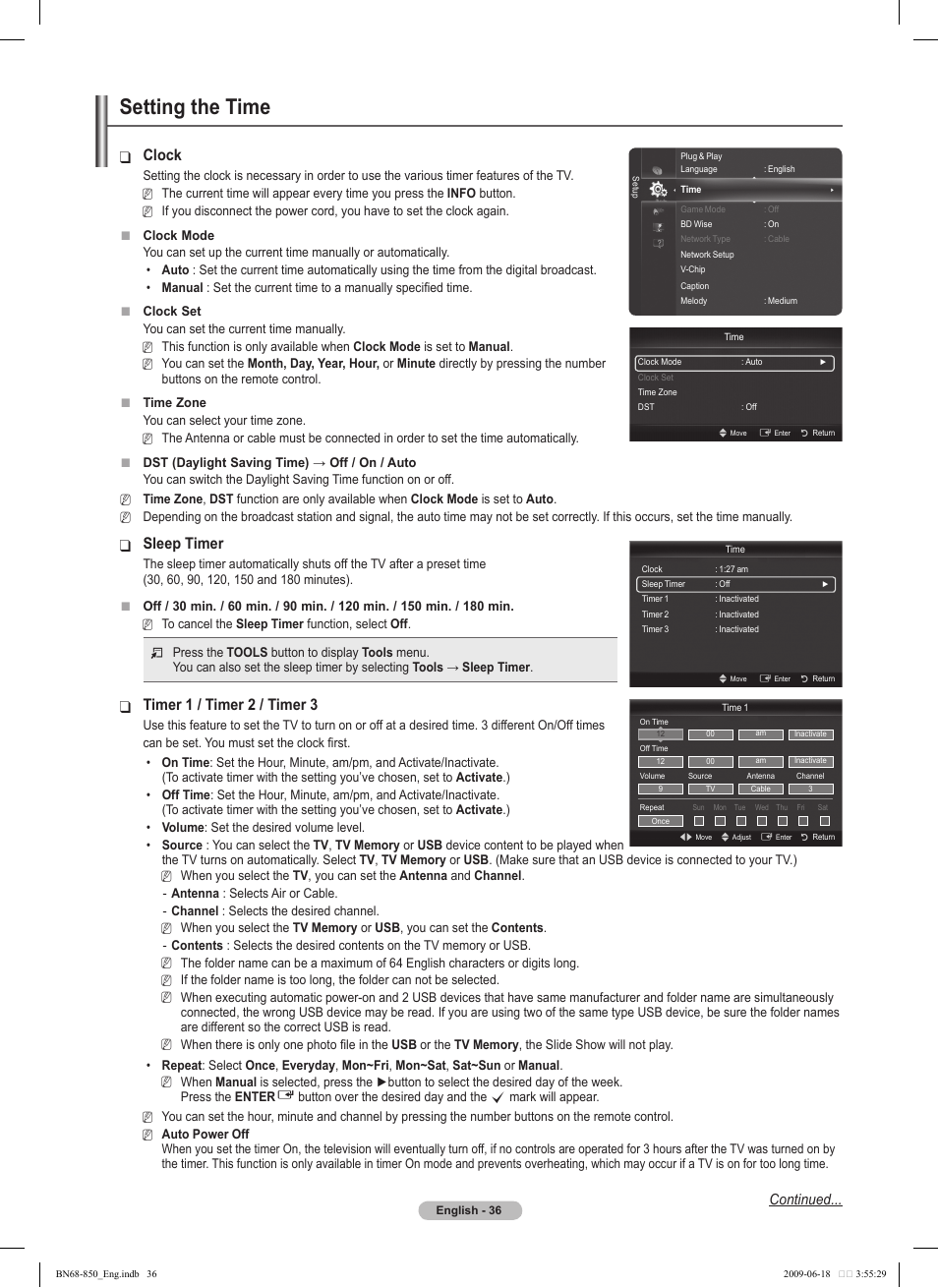 Setting the time, Clock, Sleep timer | Timer 1 / timer 2 / timer 3, Continued | Samsung PN50B860Y2FXZA User Manual | Page 36 / 284