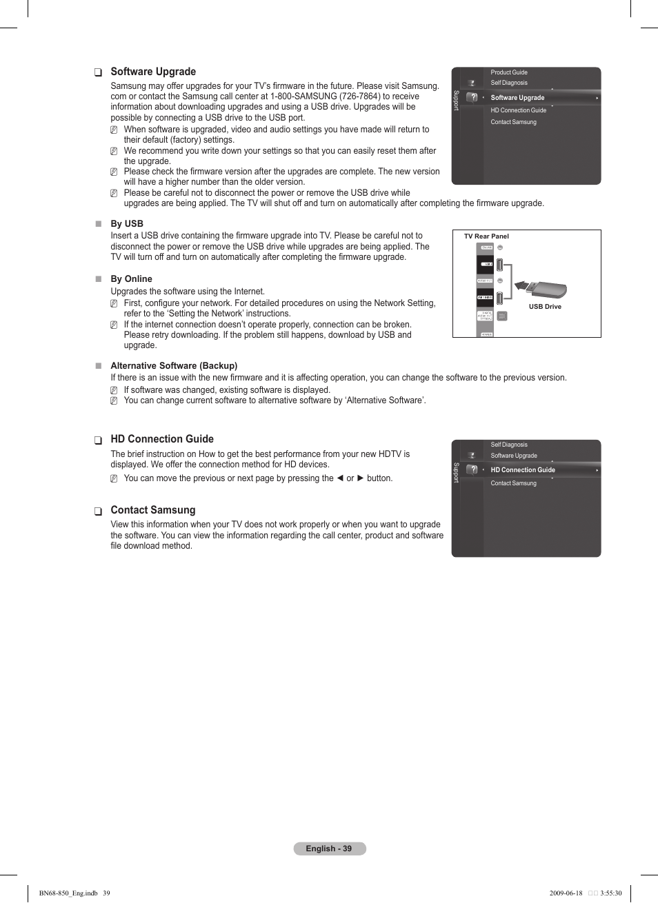 Software upgrade, Hd connection guide, Contact samsung | Samsung PN50B860Y2FXZA User Manual | Page 39 / 284