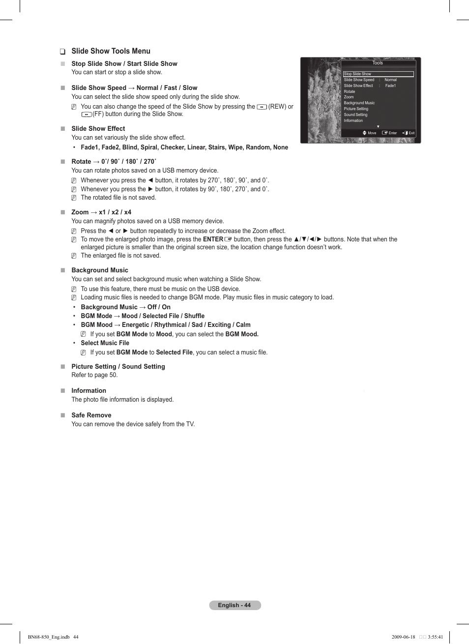 Slide show tools menu | Samsung PN50B860Y2FXZA User Manual | Page 44 / 284