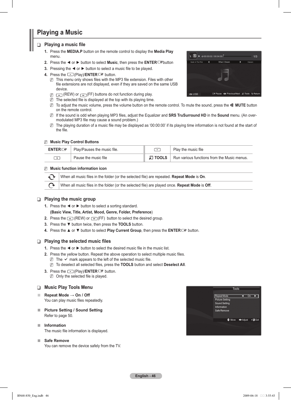 Playing a music, Playing a music file, Playing the music group | Playing the selected music files, Music play tools menu | Samsung PN50B860Y2FXZA User Manual | Page 46 / 284