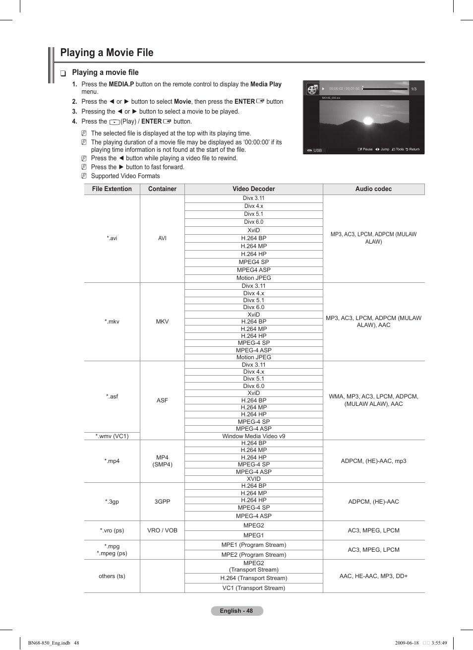 Playing a movie file | Samsung PN50B860Y2FXZA User Manual | Page 48 / 284