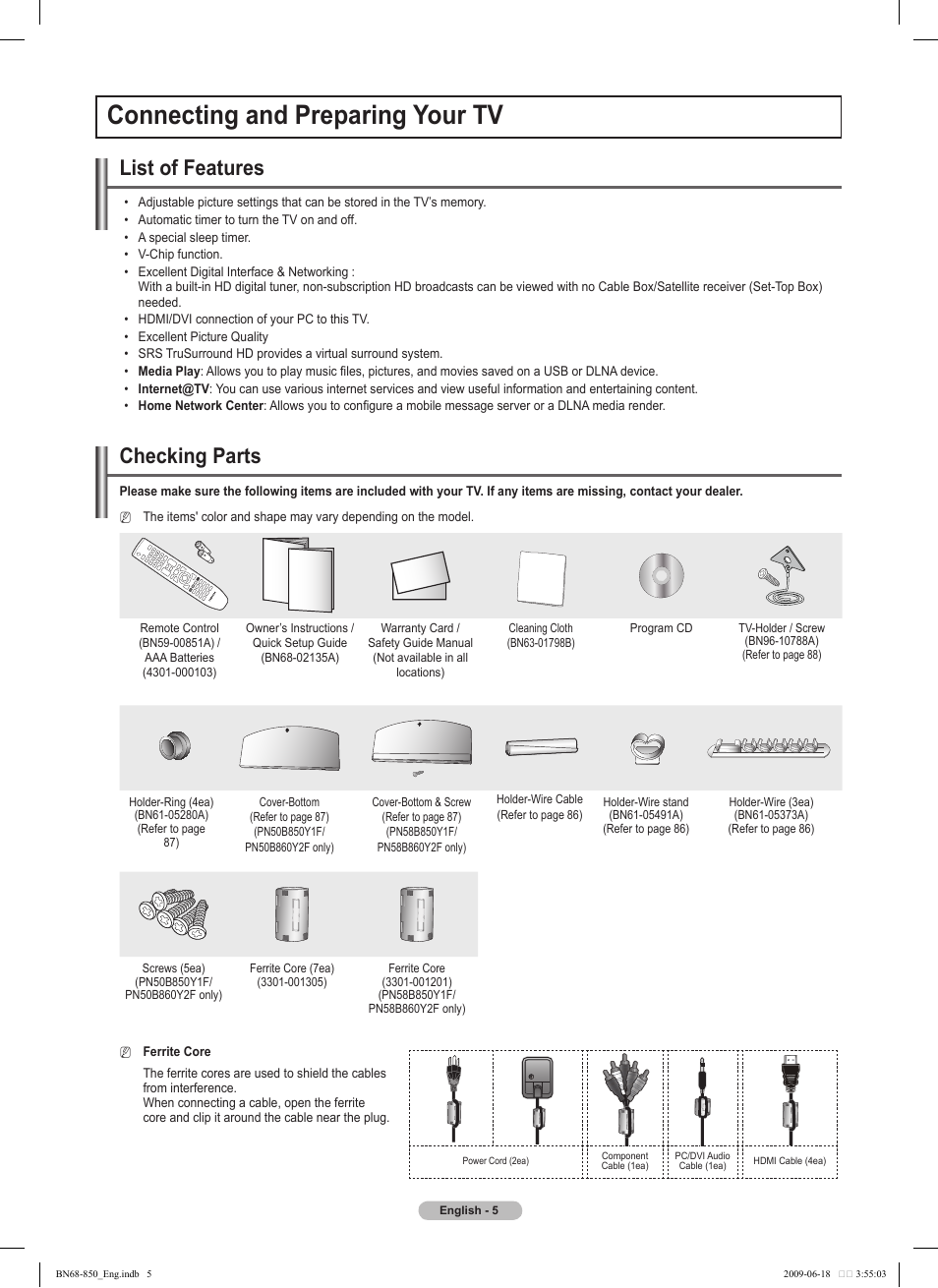 Connecting and preparing your tv, Checking parts, List of features | Samsung PN50B860Y2FXZA User Manual | Page 5 / 284