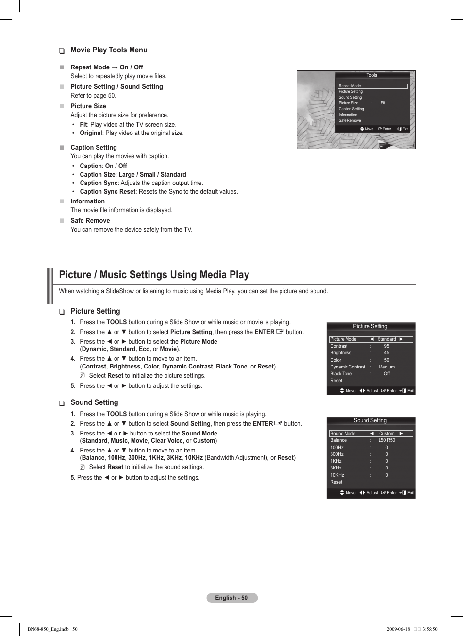 Picture / music settings using media play, Movie play tools menu, Picture setting | Sound setting | Samsung PN50B860Y2FXZA User Manual | Page 50 / 284