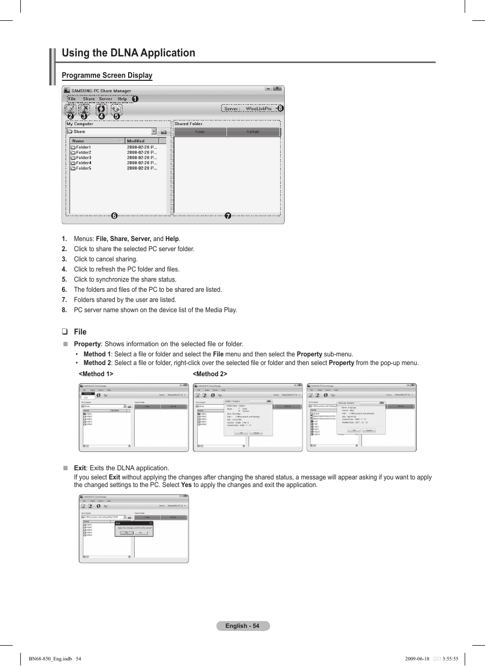 Using the dlna application, File, Programme screen display | Property, Exit | Samsung PN50B860Y2FXZA User Manual | Page 54 / 284