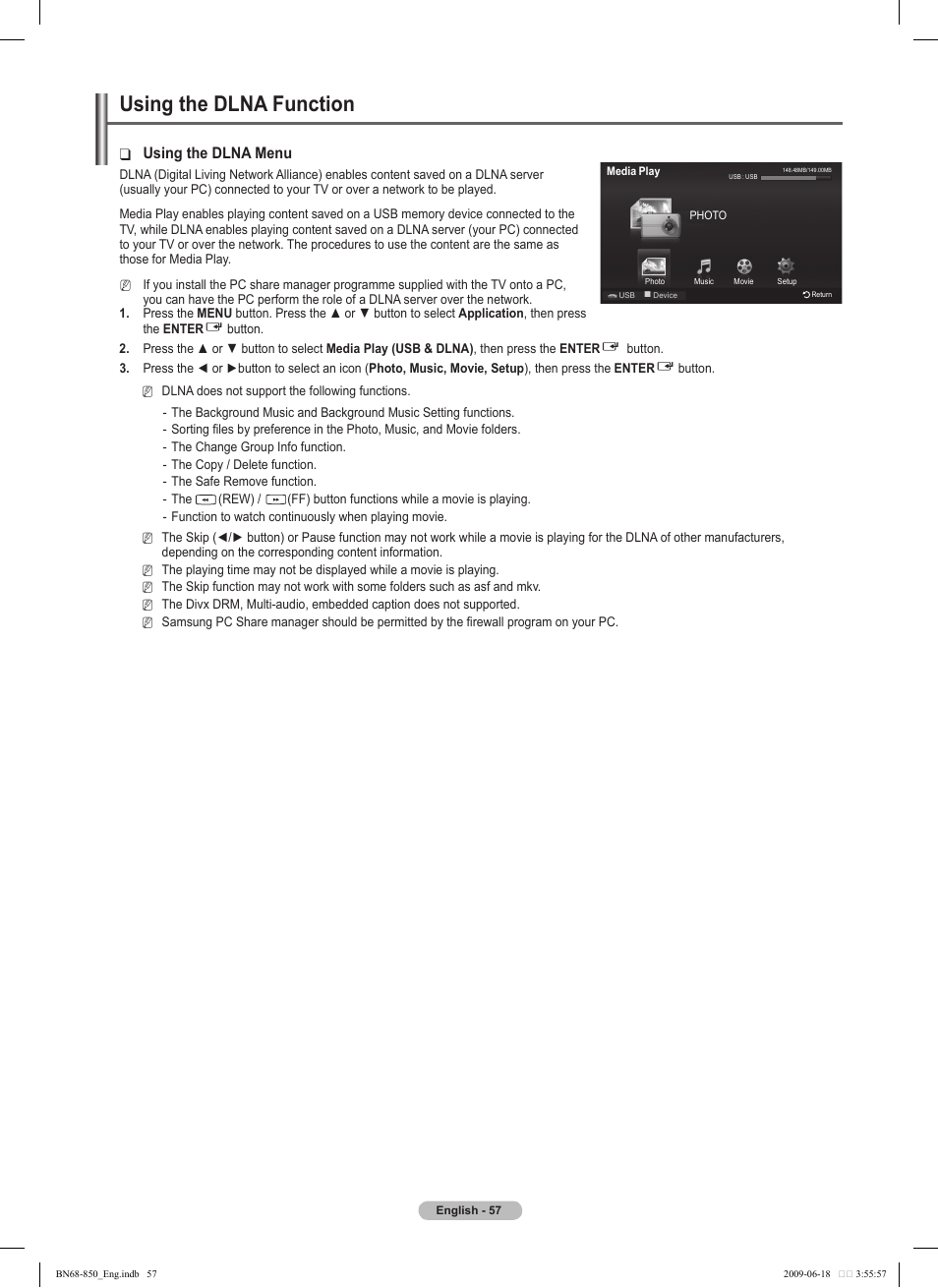 Using the dlna function, Using the dlna menu | Samsung PN50B860Y2FXZA User Manual | Page 57 / 284