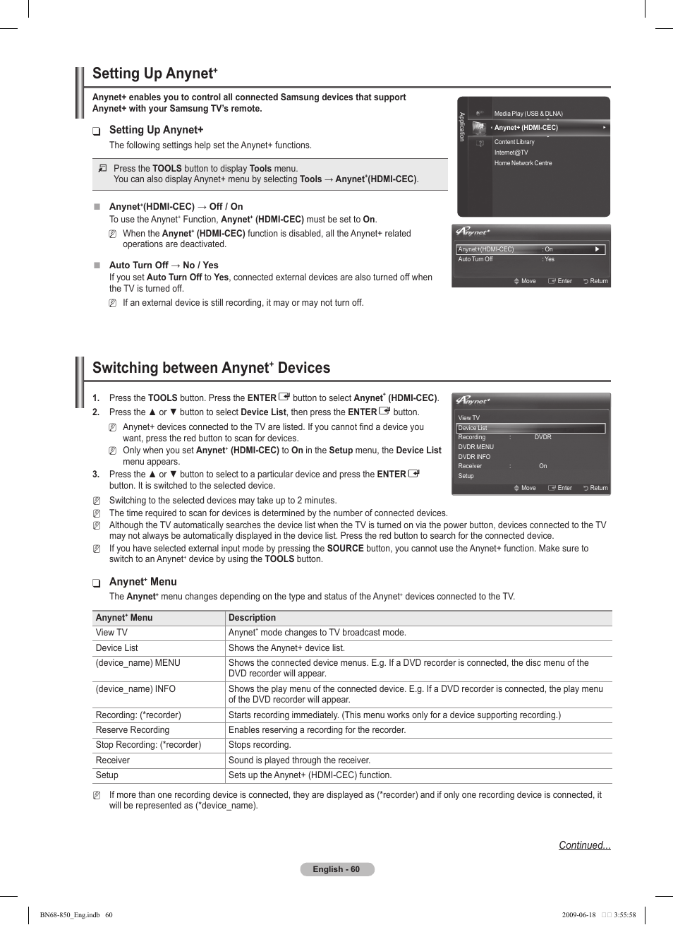 Setting up anynet, Switching between anynet, Devices | Anynet, Menu | Samsung PN50B860Y2FXZA User Manual | Page 60 / 284