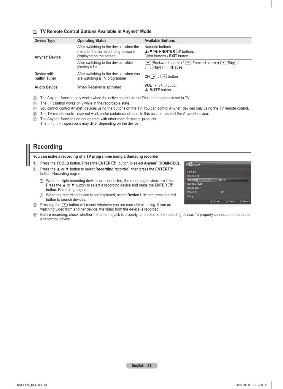 Recording, Tv remote control buttons available in anynet, Mode | Samsung PN50B860Y2FXZA User Manual | Page 61 / 284