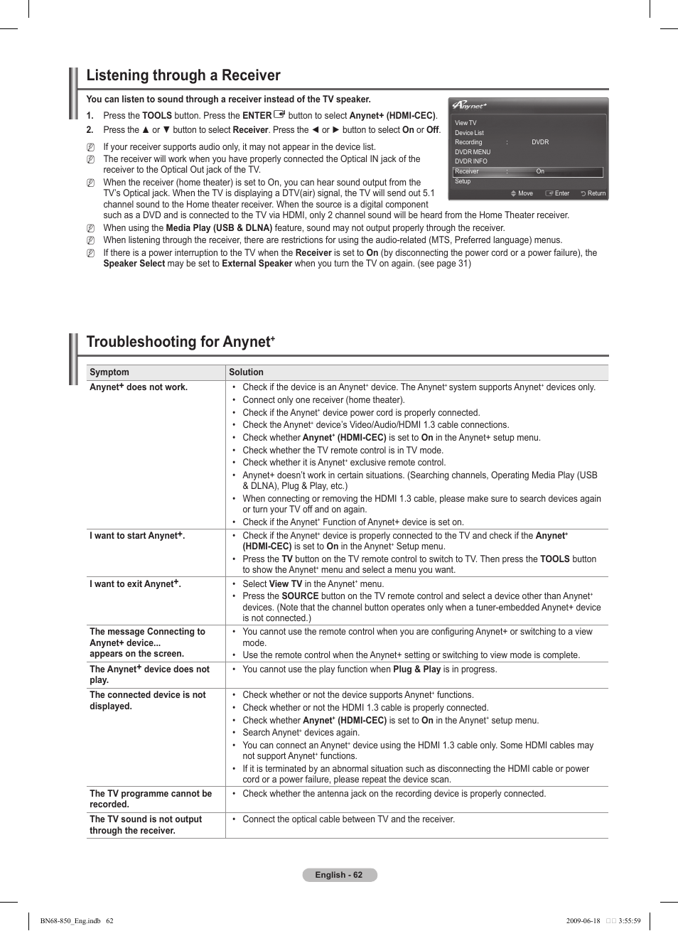 Listening through a receiver, Troubleshooting for anynet | Samsung PN50B860Y2FXZA User Manual | Page 62 / 284