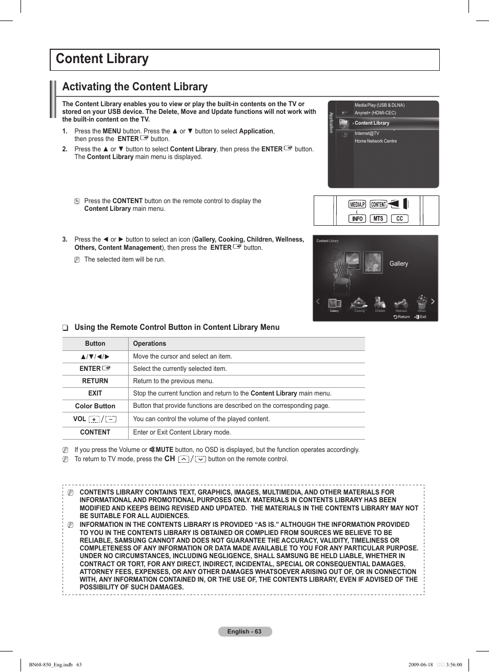 Content library, Activating the content library | Samsung PN50B860Y2FXZA User Manual | Page 63 / 284