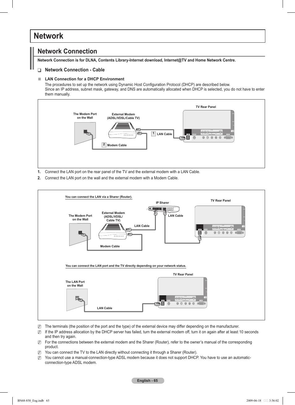 Network, Network connection, Network connection - cable | Samsung PN50B860Y2FXZA User Manual | Page 65 / 284