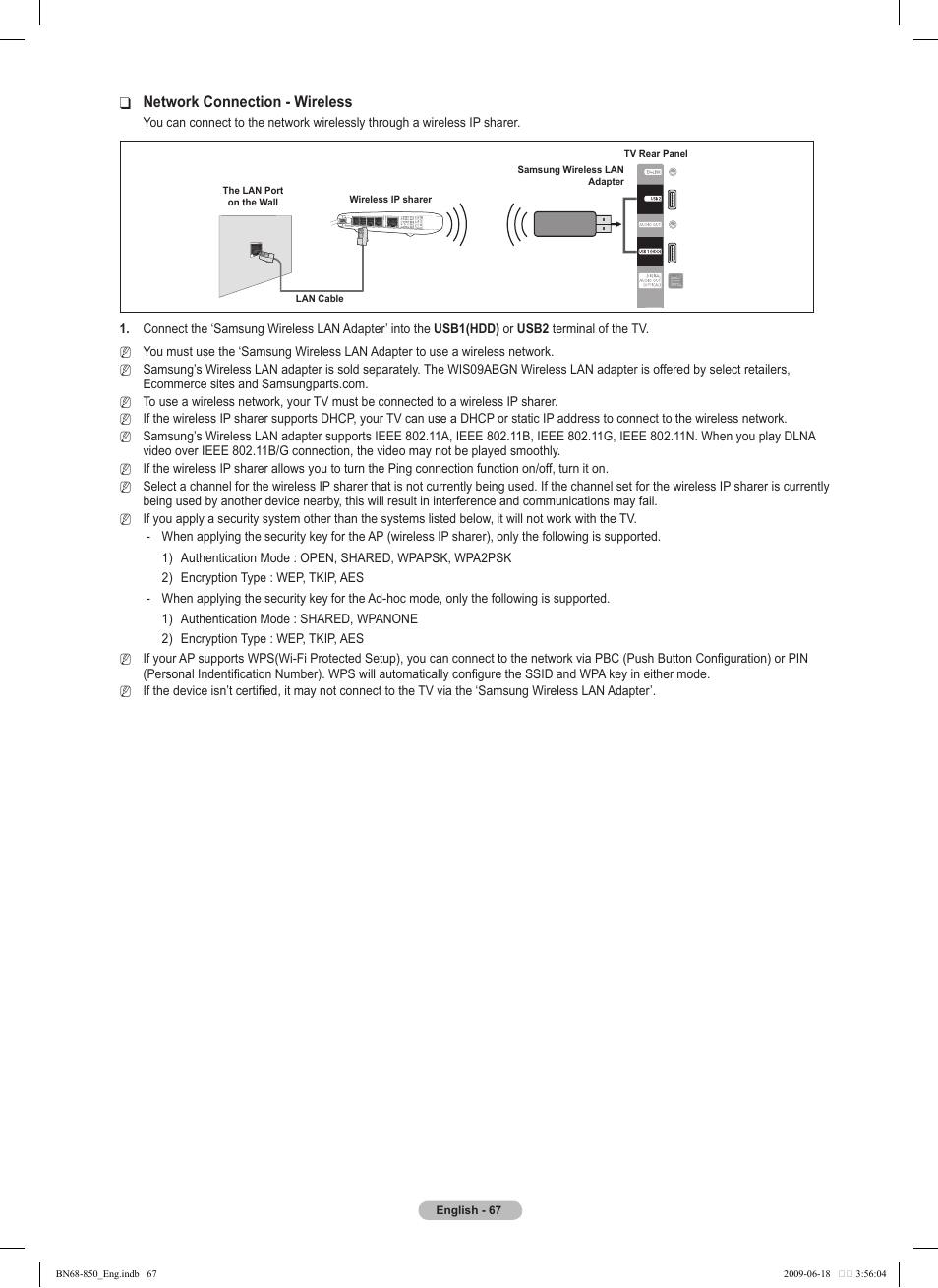 Network connection - wireless | Samsung PN50B860Y2FXZA User Manual | Page 67 / 284