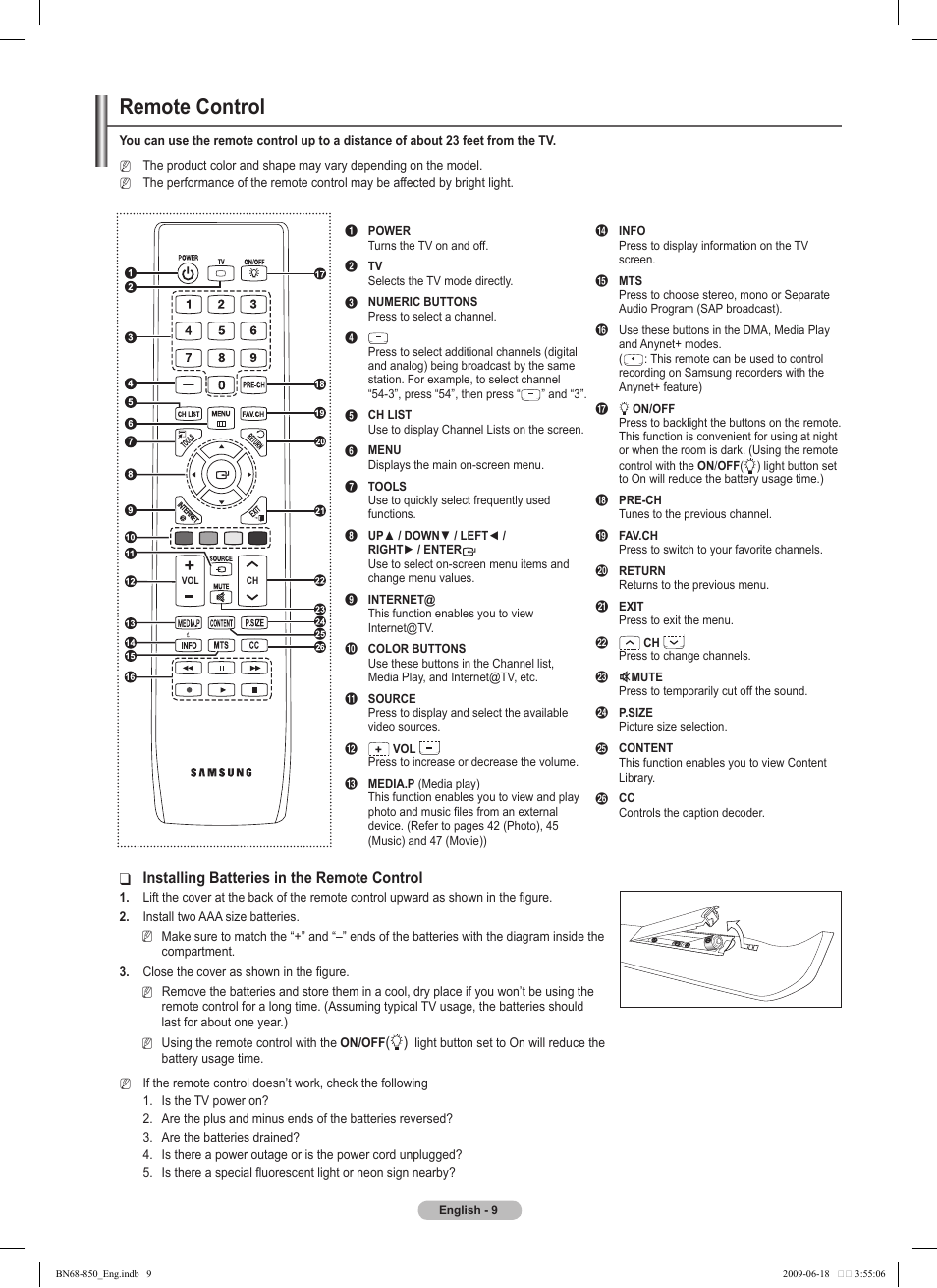 Remote control, Installing batteries in the remote control | Samsung PN50B860Y2FXZA User Manual | Page 9 / 284