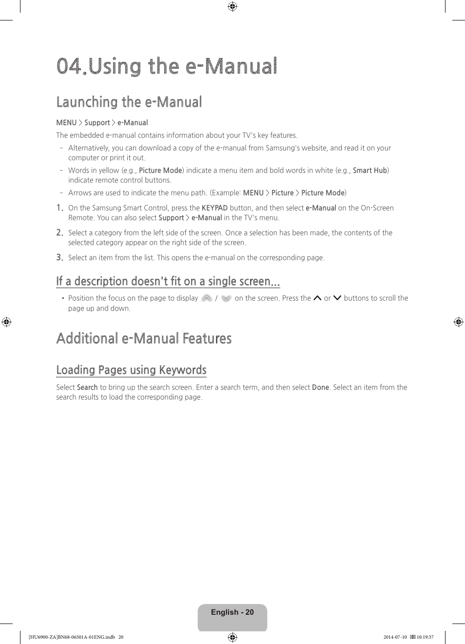 Using the e-manual, Launching the e-manual, Additional e-manual features | If a description doesn't fit on a single screen, Loading pages using keywords | Samsung UN50HU6950FXZA User Manual | Page 20 / 40