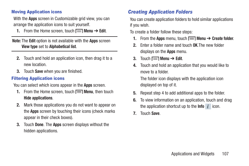 Moving application icons, Filtering application icons, Creating application folders | Samsung SCH-L710RWBXAR User Manual | Page 113 / 240