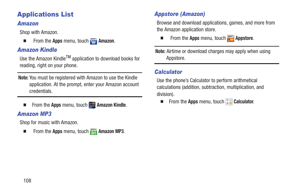 Applications list, Amazon, Amazon kindle | Amazon mp3, Appstore (amazon), Calculator | Samsung SCH-L710RWBXAR User Manual | Page 114 / 240