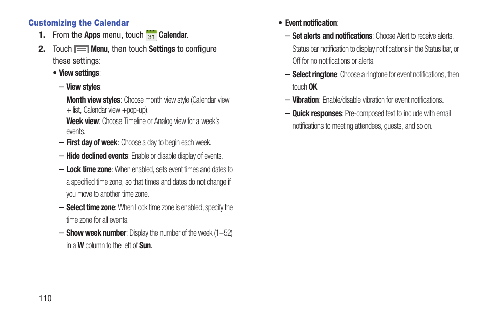 Customizing the calendar | Samsung SCH-L710RWBXAR User Manual | Page 116 / 240