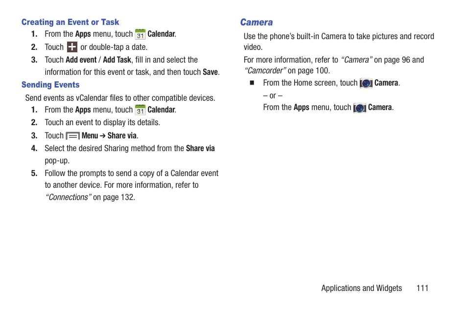 Creating an event or task, Sending events, Camera | Samsung SCH-L710RWBXAR User Manual | Page 117 / 240