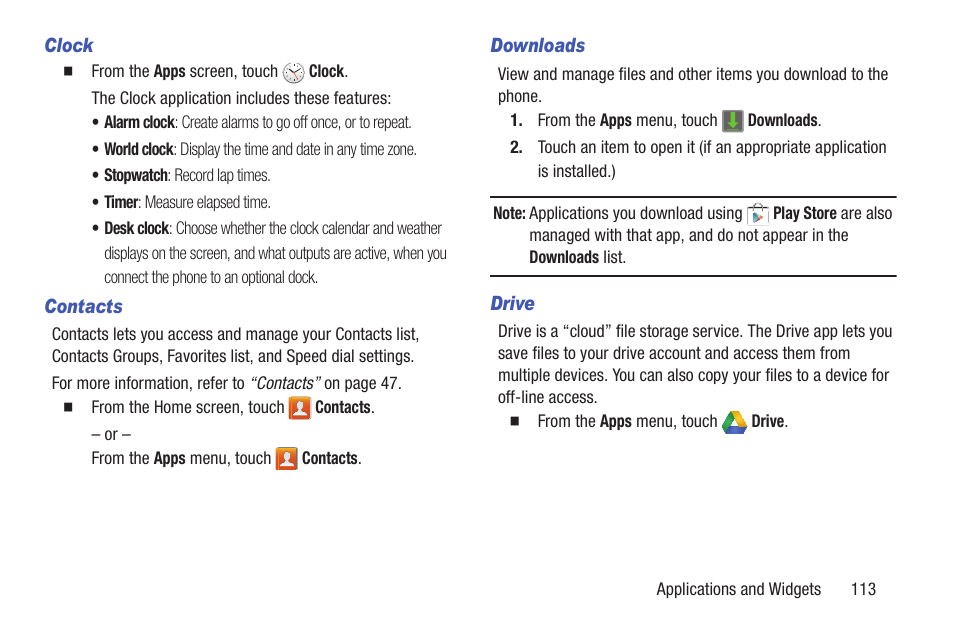 Clock, Contacts, Downloads | Drive | Samsung SCH-L710RWBXAR User Manual | Page 119 / 240