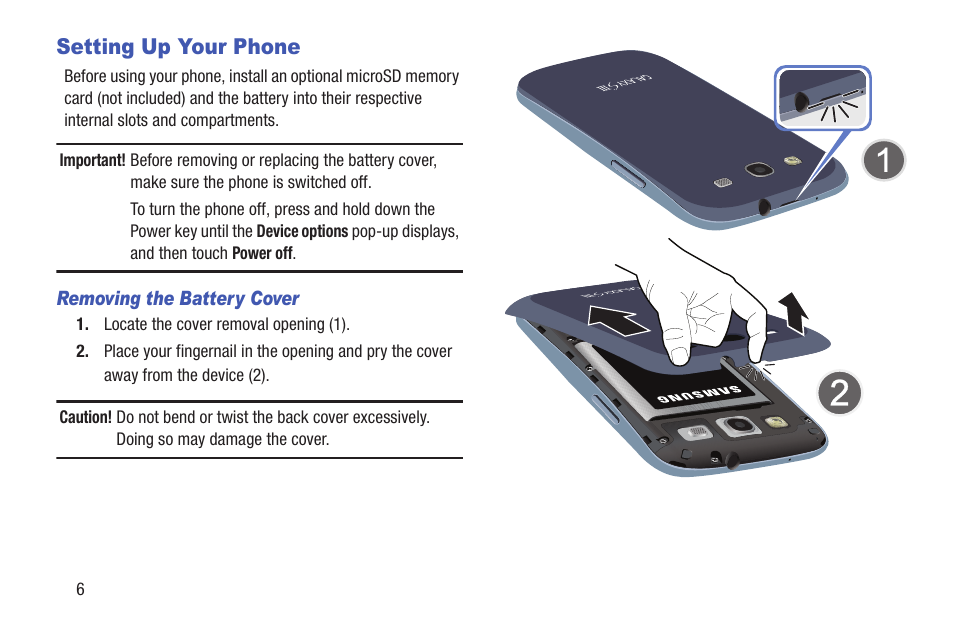 Setting up your phone, Removing the battery cover | Samsung SCH-L710RWBXAR User Manual | Page 12 / 240