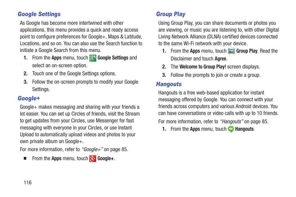 Google settings, Google, Group play | Hangouts | Samsung SCH-L710RWBXAR User Manual | Page 122 / 240