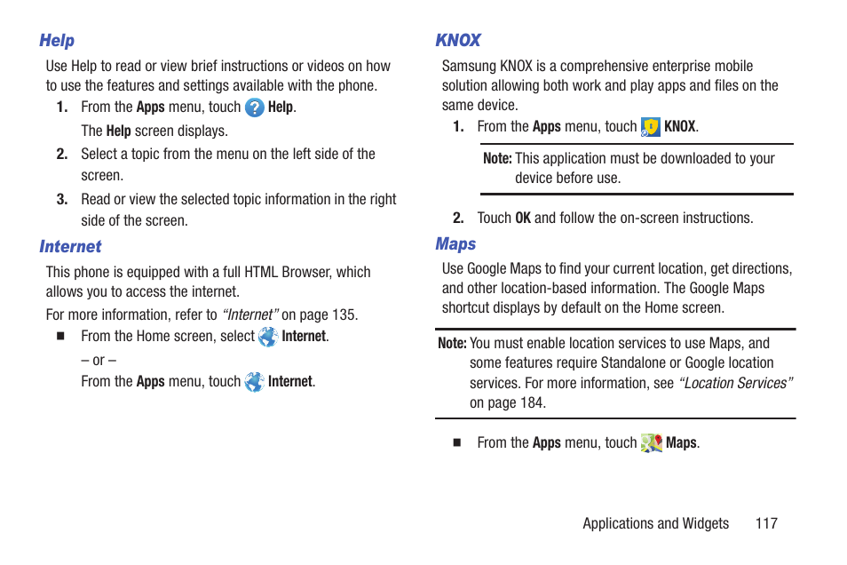 Help, Internet, Knox | Maps | Samsung SCH-L710RWBXAR User Manual | Page 123 / 240