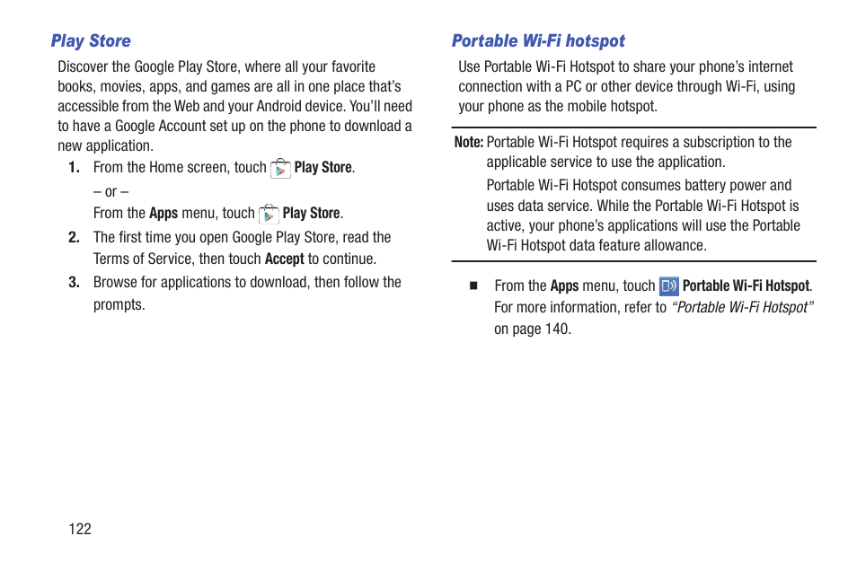 Play store, Portable wi-fi hotspot | Samsung SCH-L710RWBXAR User Manual | Page 128 / 240