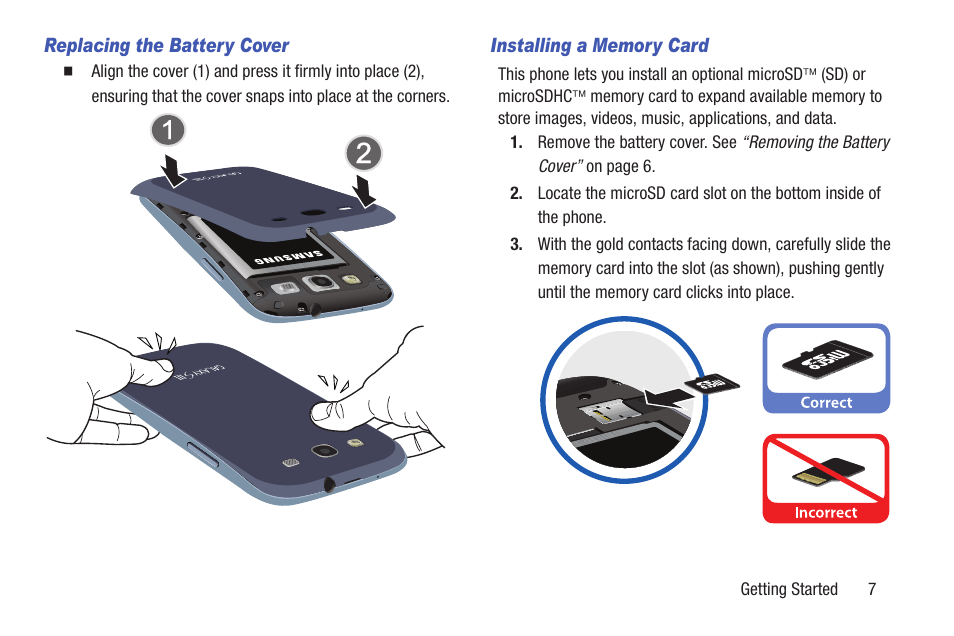 Replacing the battery cover, Installing a memory card | Samsung SCH-L710RWBXAR User Manual | Page 13 / 240
