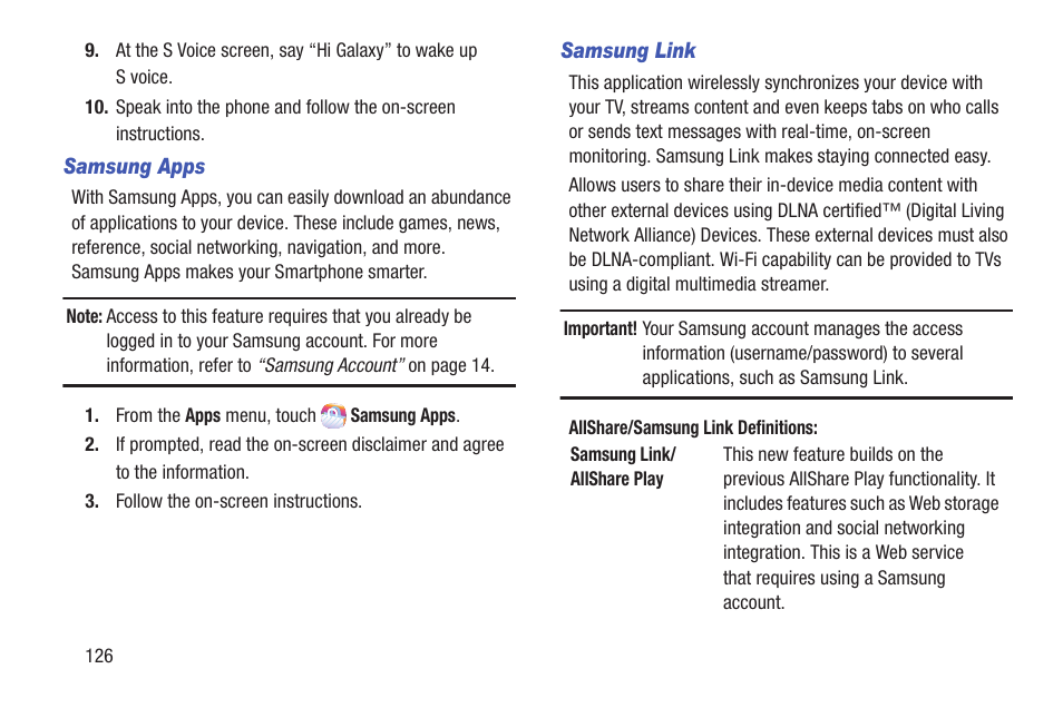 Samsung apps, Samsung link | Samsung SCH-L710RWBXAR User Manual | Page 132 / 240