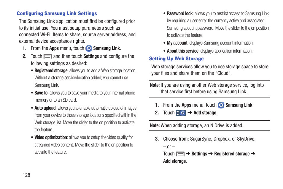 Configuring samsung link settings, Setting up web storage | Samsung SCH-L710RWBXAR User Manual | Page 134 / 240