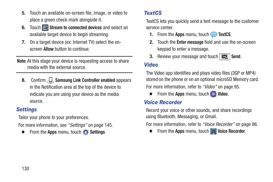 Settings, Textcs, Video | Voice recorder | Samsung SCH-L710RWBXAR User Manual | Page 136 / 240