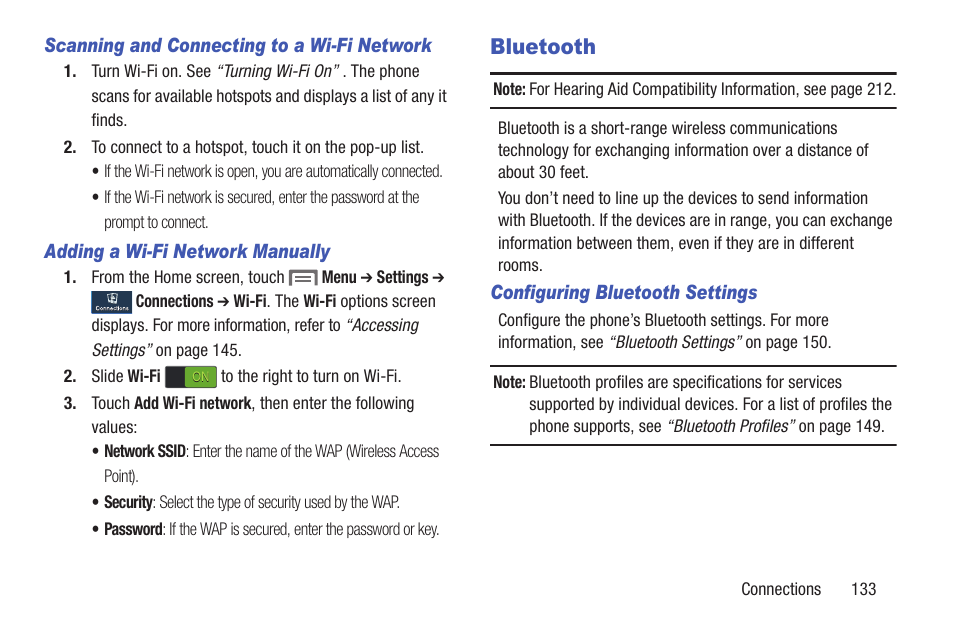 Scanning and connecting to a wi-fi network, Adding a wi-fi network manually, Bluetooth | Configuring bluetooth settings, Oth on or off. for more information, refer | Samsung SCH-L710RWBXAR User Manual | Page 139 / 240