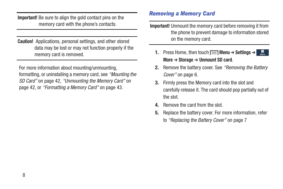 Removing a memory card | Samsung SCH-L710RWBXAR User Manual | Page 14 / 240