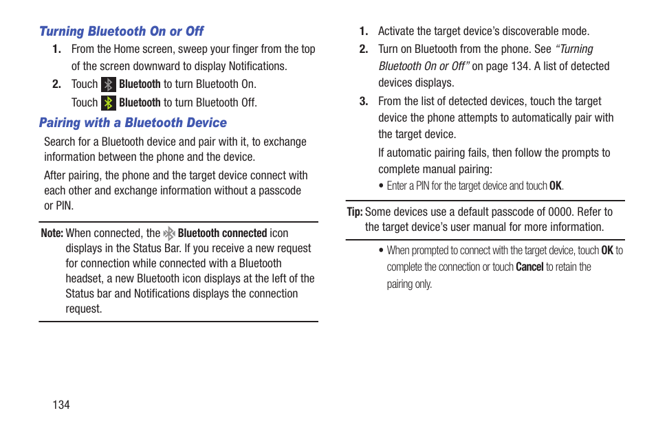 Turning bluetooth on or off, Pairing with a bluetooth device | Samsung SCH-L710RWBXAR User Manual | Page 140 / 240