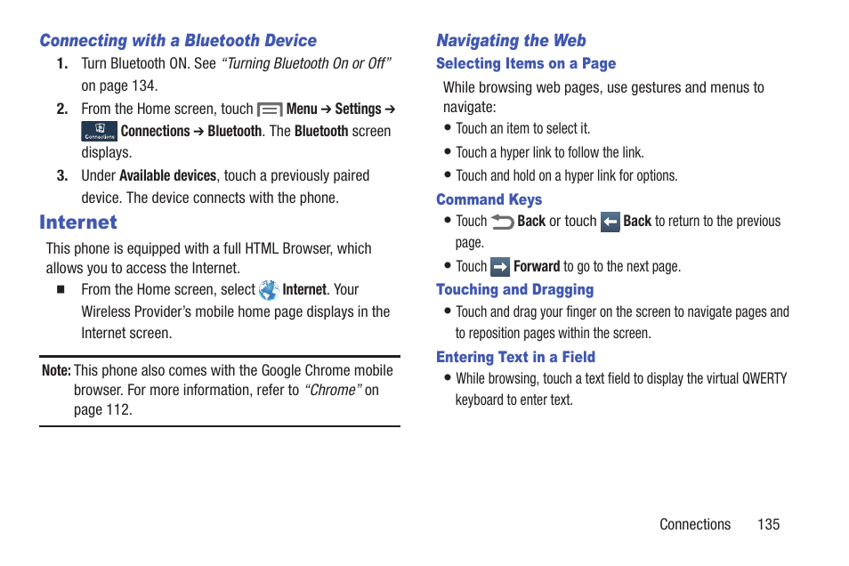 Connecting with a bluetooth device, Internet, Navigating the web | Command keys, Touching and dragging, Entering text in a field | Samsung SCH-L710RWBXAR User Manual | Page 141 / 240