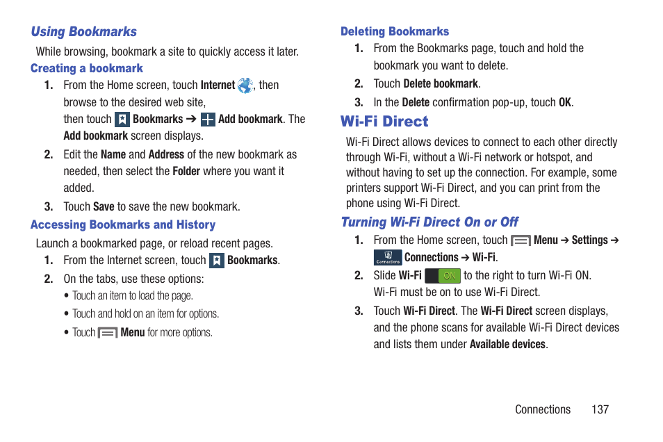 Using bookmarks, Creating a bookmark, Accessing bookmarks and history | Deleting bookmarks, Wi-fi direct, Turning wi-fi direct on or off | Samsung SCH-L710RWBXAR User Manual | Page 143 / 240