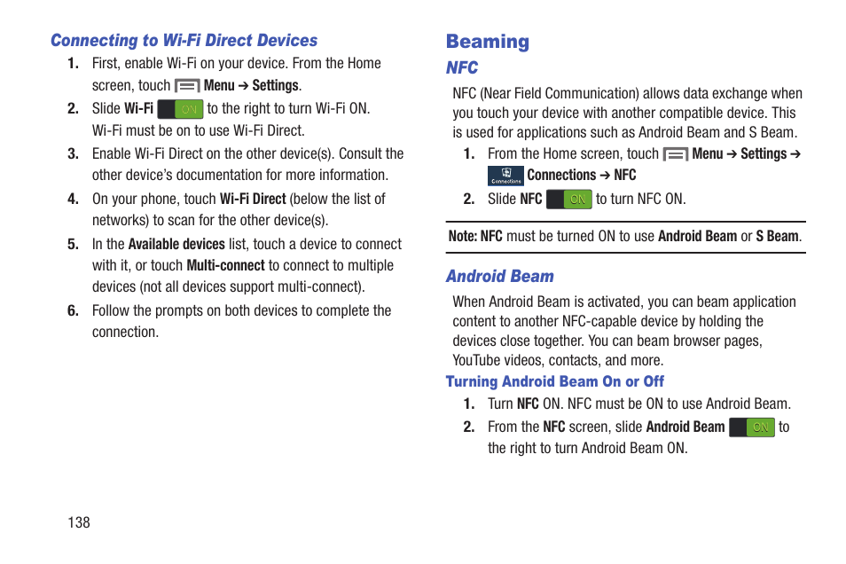 Connecting to wi-fi direct devices, Beaming, Android beam | Turning android beam on or off | Samsung SCH-L710RWBXAR User Manual | Page 144 / 240