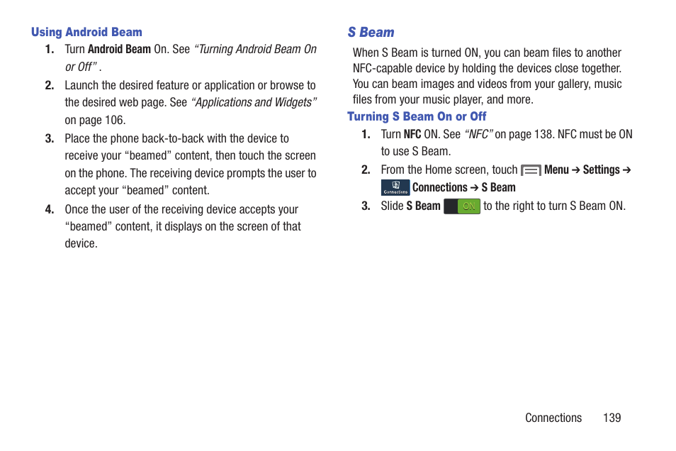 Using android beam, S beam, Turning s beam on or off | Samsung SCH-L710RWBXAR User Manual | Page 145 / 240