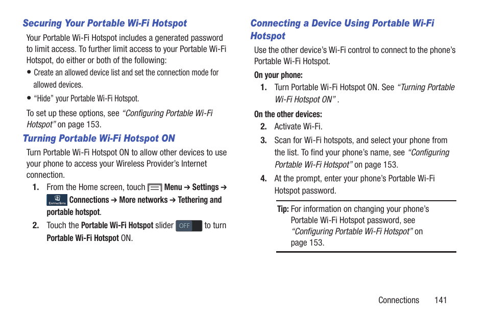 Securing your portable wi-fi hotspot, Turning portable wi-fi hotspot on, Connecting a device using portable wi-fi hotspot | Samsung SCH-L710RWBXAR User Manual | Page 147 / 240