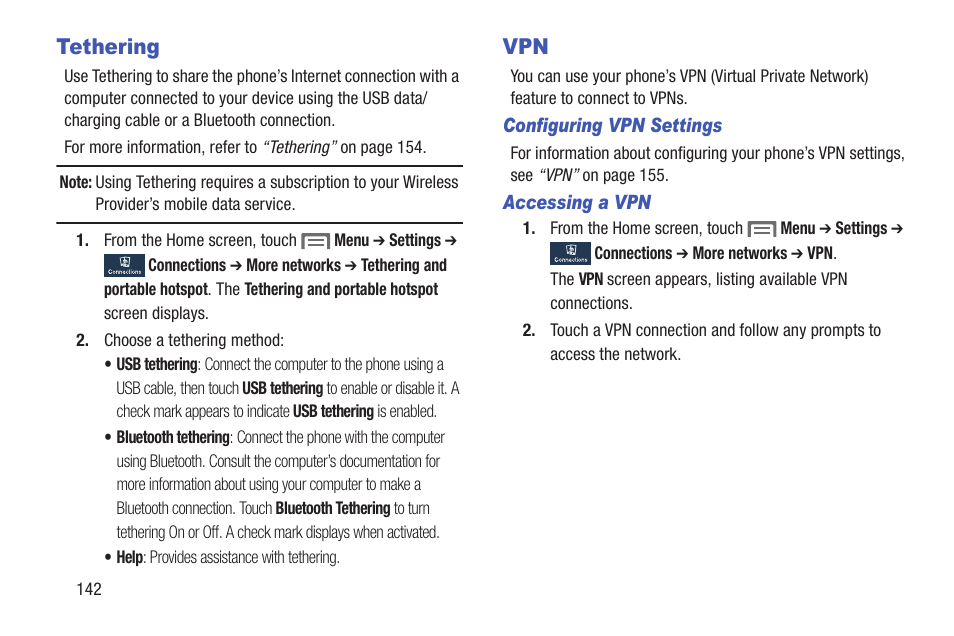 Tethering, Configuring vpn settings, Accessing a vpn | Tethering vpn | Samsung SCH-L710RWBXAR User Manual | Page 148 / 240
