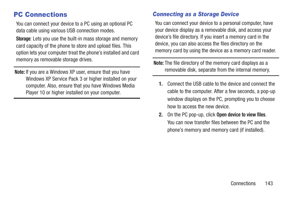 Pc connections, Connecting as a storage device | Samsung SCH-L710RWBXAR User Manual | Page 149 / 240