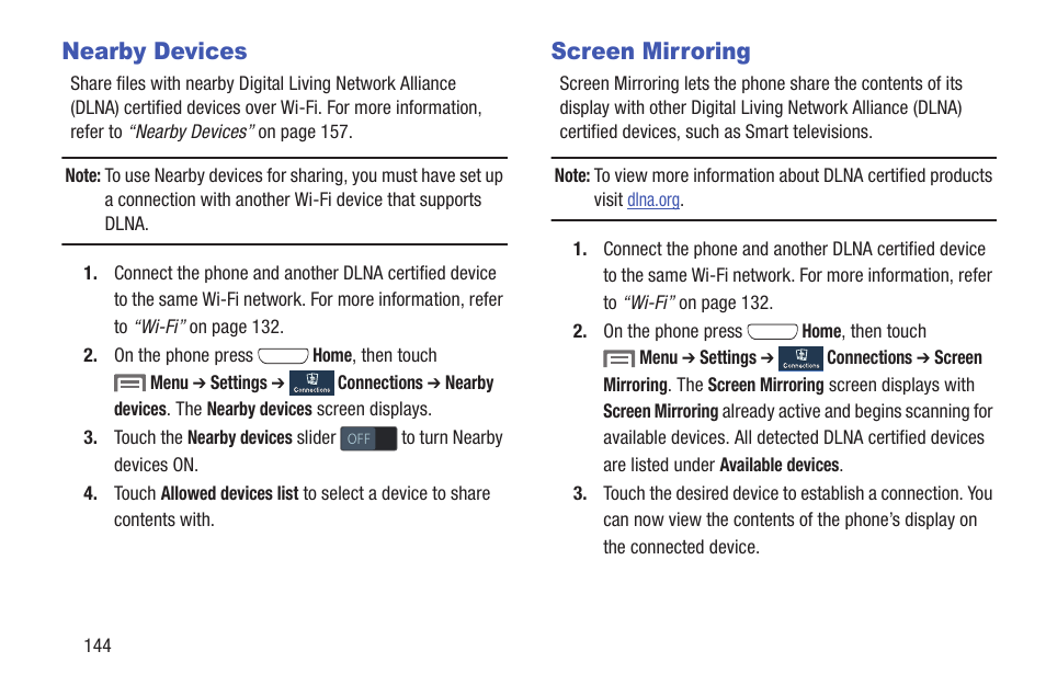 Nearby devices, Screen mirroring, Nearby devices screen mirroring | Samsung SCH-L710RWBXAR User Manual | Page 150 / 240